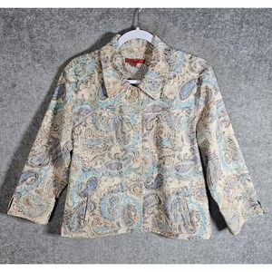 Joni B Button Up Jacket Womens Sz L Paisley Floral Embroidered Pockets Turquoise